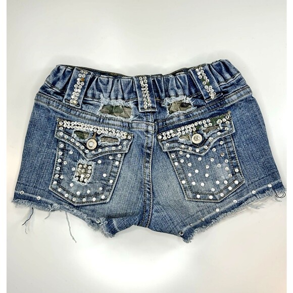 HANNAH BANANA Jean Shorts Rhinestone Bling Distressed Camo Frayed Denim Girls 6X - Picture 2 of 7